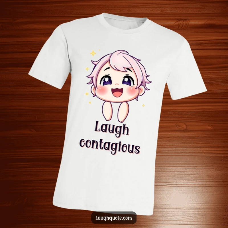 Funny T-Shirt: A character with bright, sparkling eyes shares an infectious, hearty laugh, full of mirth.