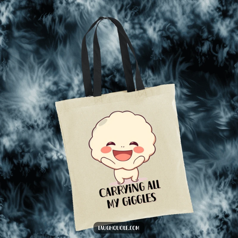 Funny tote bag featuring a cute, smiling character holding a massive, exaggerated laugh bubble, perfect for carrying essentials with humor.