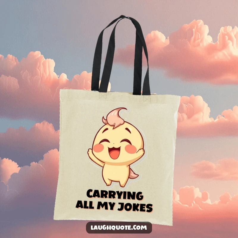 Funny Tote Bag with a character gleefully throwing its head back in laughter, a vibrant and amusing design.