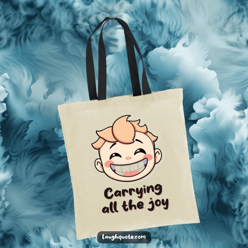 Funny Tote Bag illustrating a character with a huge, open-mouthed laugh and a wildly happy expression.