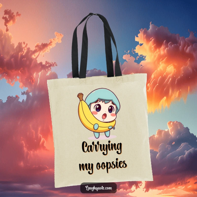 Funny tote bag depicting a surprised character discovering a banana peel, with a humorous expression of dawning amusement, perfect for everyday use.