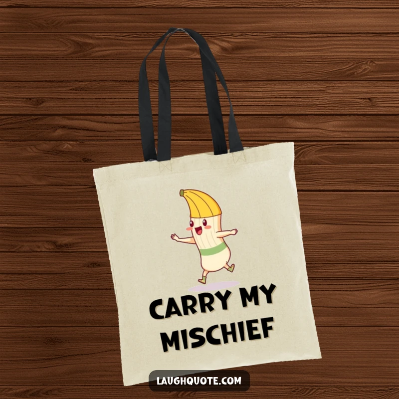 Funny tote bag with a mischievous banana peel attempting to trip a dancing sock, showcasing a classic slapstick comedy scene.