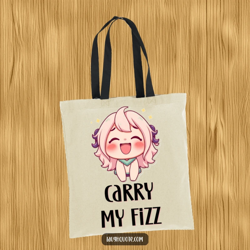Funny Tote Bag: A character's bubbly, effervescent laugh is captured, spreading lightheartedness.