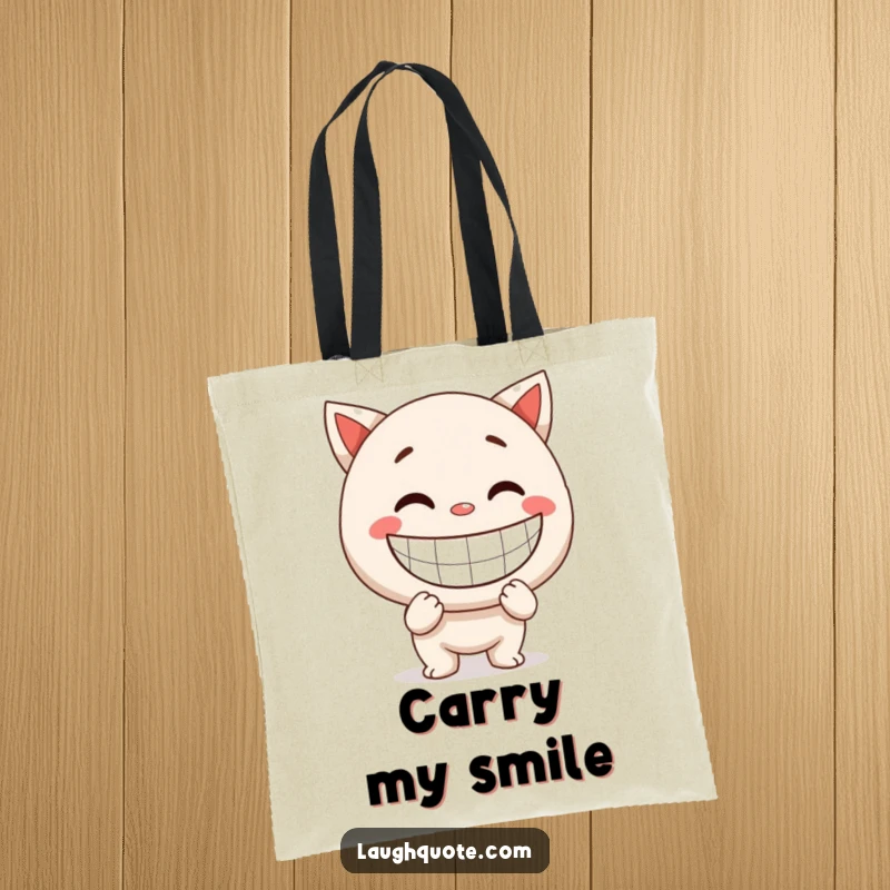 Funny Tote Bag: Depicts a character with a giant, exaggerated smile, perfect for carrying essentials with happiness.