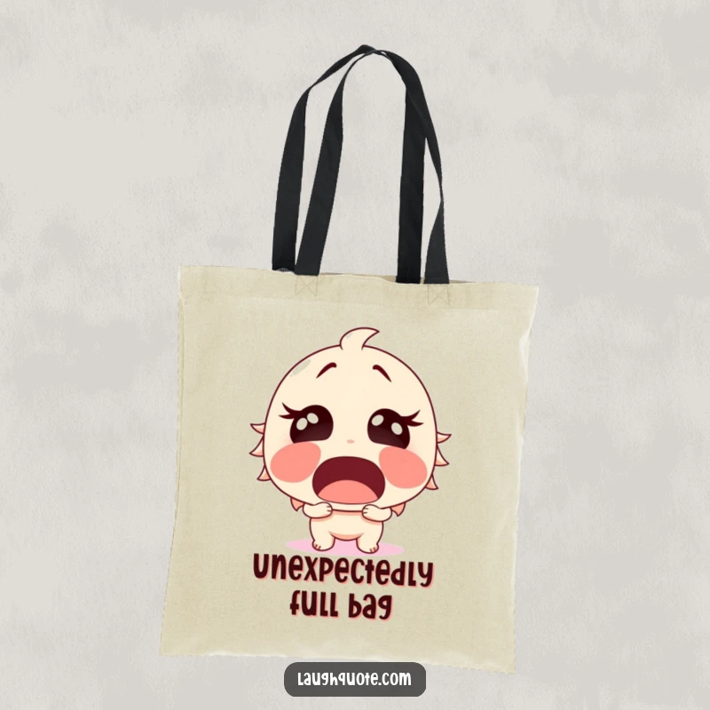 Funny Tote Bag with a surprised character, mouth agape, bursting into sudden, uncontrollable laughter, a humorous travel companion.
